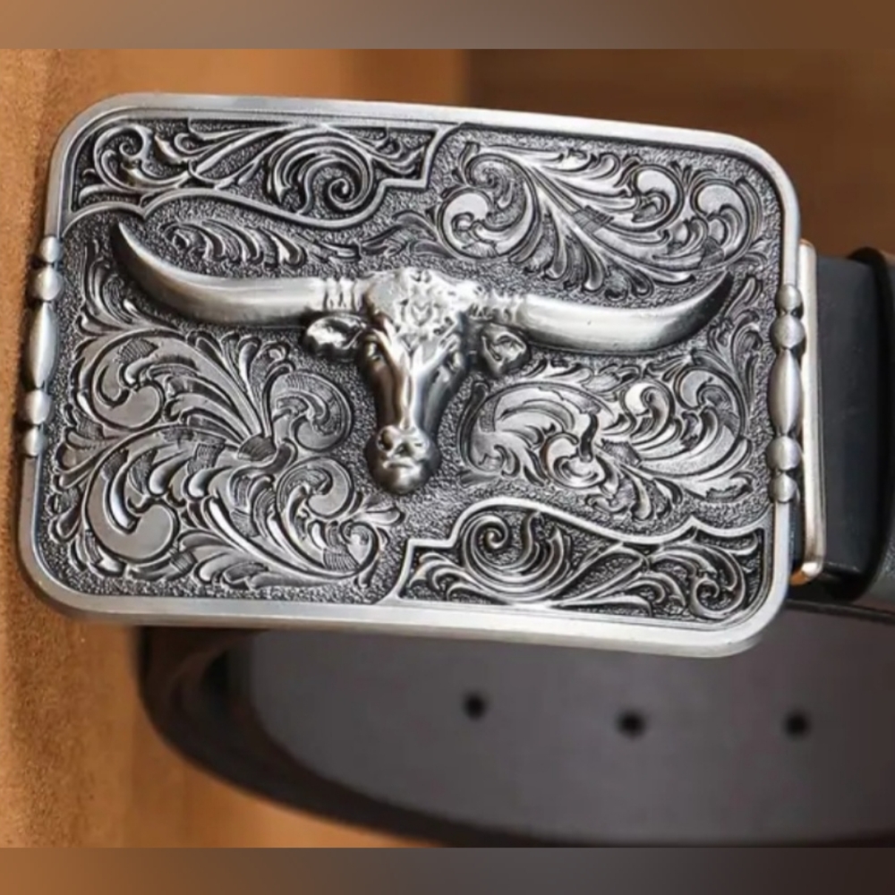 COPY - New Longhorn steer western cowboy gold silver turquoise belt buckle